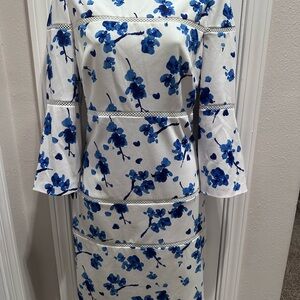 Ralph Lauren White Midi Dress with Blue Floral Print and Lace Trim